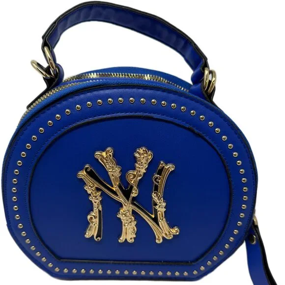 NY Logo Round Handbag Blue Gold Floral Accent Purse - Picture 3 of 6